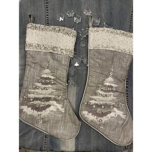 Pier 1 Imports CHRISTMAS STOCKING Holiday 18" Beaded Silver& White Tree Set 2